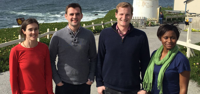 Stanford students whose energy projects are being funded by the TomKat Center for Sustainable Energy include, from left, Kendra Kuhl, Dan Riley, Jared Schwede and Etosha Cave.