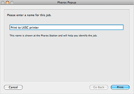 A screenshot for Pharos systems Mac print dialog box