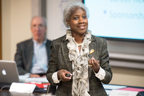 Senior Associate Dean Dr. Hannah Valentine speaks to the Faculty Senate about initiatives at the Medical Center during the report on the status of women faculty.