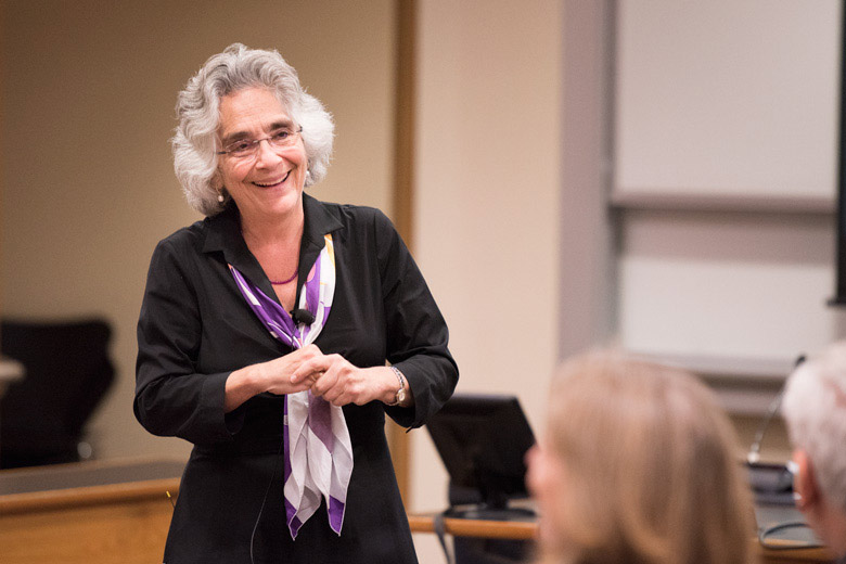 Persis Drell talking to the Faculty Senate. / Photo: L.A. Cicero