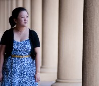 photo of Cindy Cho with campus columns in background