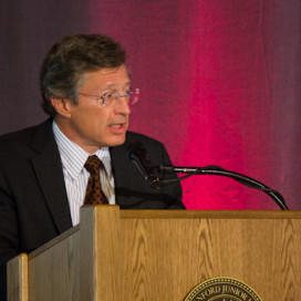 Provost and Acting President John Etchemendy delivered concluding remarks at a Monday event celebrating sustainability initiatives and introducing the University's plan for sustainability over the next five to 10 years. (ROGER CHEN/The Stanford Daily)