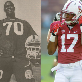As Bob Whitfield (left) prepared to depart for the NFL after three Cardinal seasons, he told The Daily that he would “shell out $20,000 for my last year to come back and go to school.” Tuition has gone up considerably since his last season in 1991, but Bob has fulfilled his promise, completing his degree just as his son Kodi (right) began taking classes and practicing with this year’s Stanford squad. (RAJIV CHANDRASEKARAN/The Stanford Daily, SIMON WARBY/The Stanford Daily)