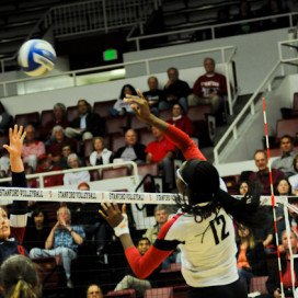 Freshman Inky Ajanaku (12) and the No. 2 Cardinal swept past Arizona on Wednesday in three sets (IAN GARCIA-DOTY/The Stanford Daily).