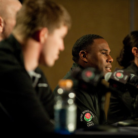 Stanford defensive coordinator Derek Mason (second from right) and several Cardinal defenders spoke to the media on Thursday. They emphasized stopping Doak Walker Award winner Montee Ball, who leads a Wisconsin attack that has posted the two biggest rushing games in college football this season. (DON FERIA/isiphotos.com)