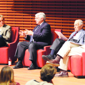 PoliSci 51K students attended a debate between economists John Taylor and Kenneth Arrow as part of an October lecture in the Election 2012 class. (ALISA ROYER/The Stanford Daily)