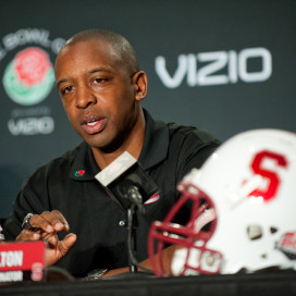 Offensive coordinator Pep Hamilton is in his second season as Stanford's offensive coordinator and quarterback coach. Despite losing four key players who were selected in the first two rounds of the 2012 NFL Draft, Hamilton has found a way to keep the offense running efficiently under new quarterback Kevin Hogan. (DON FERIA/isiphotos.com)