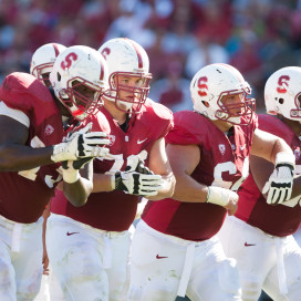 Despite the graduation of center Sam Schwartzstein (second from right), the return of seniors Cameron Fleming (left), Kevin Danser (second from left) and preseason All-American David Yankey (right) sets the Cardinal up for 2013 with one of the best offensive lines in school history. (David Elkinson/isiphotos.com)