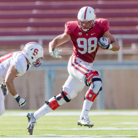 You shouldn't be surprised to see sophomore tight end Luke Kaumatule (right) playing against Cardinal defenders; no tight end on Stanford's roster this season has caught a pass in a college football game. (JIM SHORIN/StanfordPhoto.com)