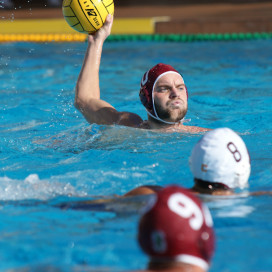 Fifth year senior Forrest Watkins (top) tallied five goals during Sunday's match, keeping the Cardinal close in the final period. (LARRY GE/The Stanford Daily)