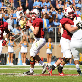 Junior quarterback Kevin Hogan (center) bounced back from two poor performances with an efficient 18-for-25 effort against UCLA. He'll need to remain composed in the pocket again if Stanford wants to outscore No. 25 Oregon State, which boasts the nation's best passing attack. (AVI BAGLA/The Stanford Daily)