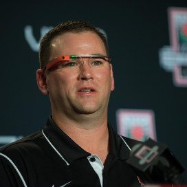 Offensive coordinator Mike Bloomgren wore a pair of Google glasses while addressing the media on Friday. (Don Feria/isiphotos.com)