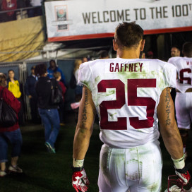 The Cardinal's workhorse running back walks off after Stanford's 24-20 loss. (BEN SULITEANU/The Stanford Daily)