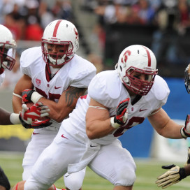 Fifth-year senior Lee Ward (fourth from left) has already proven himself as a hard-nosed run-blocker, but he and senior Patrick Skov are looking to become more complete fullbacks in 2014. (GIL TALBOT/StanfordPhoto.com)