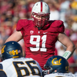Fifth-year senior defensive end Henry Anderson (above) has lost eight pounds and could be a first-round draft pick in the spring. But the success of the Cardinal's defensive line has as much to do with the second-stringers as it does with Anderson this season. (BOB DREBIN/StanfordPhoto.com)