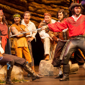 Robert Vann (left) as Frederic (double cast with Sam Faustine) and Ben Brady as the Pirate King (double cast with Charles Martin), The Pirates of Penzance. 
Photo by Charles Martin, 2014.