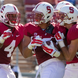 Stanford's sophomore trio of tight ends, including Austin Hooper (center), could be the key to improved red-zone efficiency against USC. (BOB DREBIN/stanfordphoto.com)