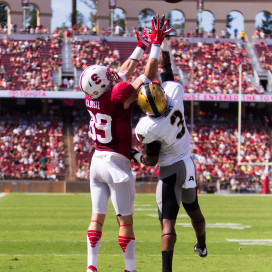 Senior wideout Devon Cajuste (left) had three touchdowns in Stanford's 35-0 victory against Army. Cajuste, who had four receptions for 52 yards against the Black Knights, set a new career high for number of TD receptions in a game.(ROGER CHEN/The Stanford Daily)