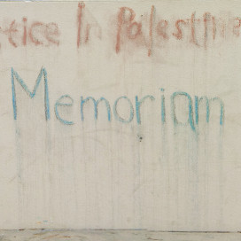 Members of Stanford Students for Justice in Palestine wrote the names of some of the children killed in the recent Israel-Palestine conflict on the steps of the stage in White Plaza (Eric Thong/STANFORD DAILY)