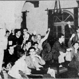 Members of the Hall caucus discuss "Hall-Row cooperation" in the ASSU elections process in 1936. (Stanford Daily File Photo)