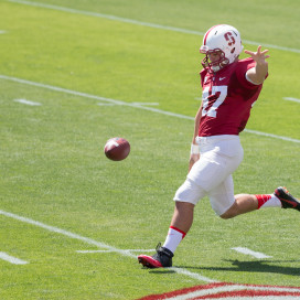 Although junior punter Alex Robinson (above) was the only option that the Cardinal had at their Spring Game to replace Ben Rhyne '15, highly-touted freshman Jake Bailey is set to provide strong competition for the job throughout fall practices. (BOB DREBIN/isiphotos.com)