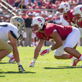 With the season-ending  injury of Harrison Phillips, the Cardinal may have to move around some players as they figure out who should replace Phillips in the rotation. One of the defense's options is Luke Kaumatule (right), a linebacker, who saw action in all 13 games last season. (BOB DREBIN/stanfordphoto.com)