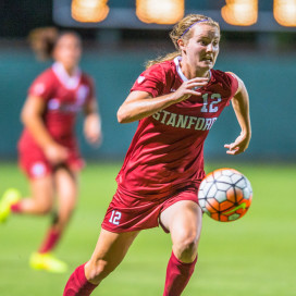 Sophomore Kyra Carusa (above) notched the first goal of her career in the 64th minute and put Stanford ahead for good less than a minute later with her second goal of the night. The Cardinal scored two more late goals to complete a dominant 4-1 victory. (JOHN TODD/ isiphotos.com)
