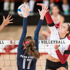 STANFORD, CA - September 5, 2014:  The Stanford Cardinal vs Penn State Nittany Lions  at Maples Pavilion in Stanford, CA. Stanford wins the match 3-2.