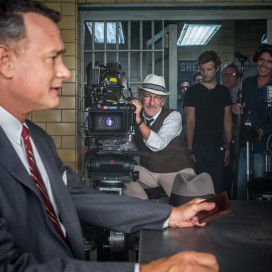 Steven Spielberg with Tom Hanks on the set of "Bridge of Spies." (Courtesy of Disney)