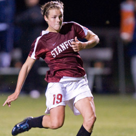 STANFORD, CA - SEPTEMBER 12:  Kelley O'Hara of the Stanford Cardinal scores the game-tying goal during Stanford's 1-1 overtime tie against the North Carolina Tar Heels on September 12, 2008 at Laird Q. Cagan Stadium in Stanford, California.