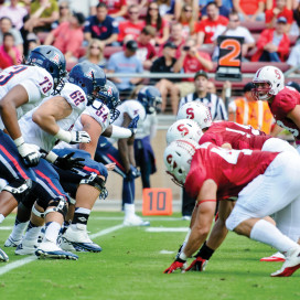 The Stanford Cardinal football team defeat Arizona 54-48 in Stanford, California on October 6, 2012.