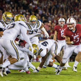 Sophomore running back Christian McCaffrey (right) set the new Stanford record for rushing yards in a single game with his 243 yards on 25 carries, beating out the previous record of 223 set by Toby Gerhart in 2009 in a game against Oregon. (SAM GIRVIN/The Stanford Daily)
