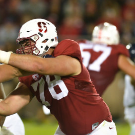 Stanford's offensive line, led by senior left tackle Kyle Murphy (above), has given up only eight sacks in six games and has allowed the running backs to average 5.9 yards per carry. (KEVIN HSU/The Stanford Daily)