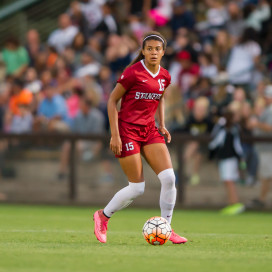 Freshman Alana Cook (above) notched the only goal in Stanford's 1-1 draw against No. 20 Cal in its final regular season game. The Cardinal ended their season undefeated in conference play.
(KAREN AMBROSE HICKEY/stanfordphoto.com)