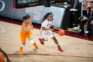 Junior guard Lili Thompson (right) came back from a minor injury to score 21 points against Gonzaga last weekend. (JOHN TODD/isiphotos.com)