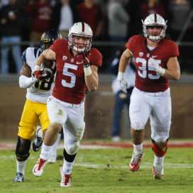 With his 389-yard all-purpose performance in the 118th Big Game, sophomore running back Christian McCaffrey (above) broke the old Stanford record set by Glyn Milburn almost exactly 25 years ago, in the 1990 Big Game. McCaffrey's big day spurred Stanford to a Big Game win and a Pac-12 North title. (SAM GIRVIN/The Stanford Daily)