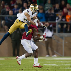 The 2013 meeting between the two teams was eventually decided on two late interceptions by then-junior cornerback Wayne Lyons (right). Notre Dame quarterback Tommy Rees' two late picks preserved a 27-20 Stanford win. (BOB DREBIN/stanfordphoto.com)