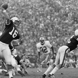 On Saturday Christian McCaffrey hopes to join Jim Plunkett '71 (left) as the only Heisman finalists from Stanford to have actually won the award. Plunkett recorded 2,715 yards, 19 touchdowns and a Pac-8 Championship his Heisman year
(STANFORD NEWS SERVICE)