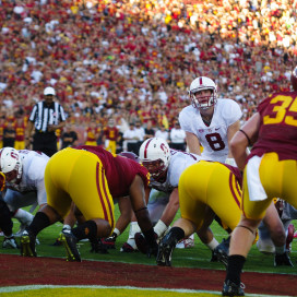 Saturday's game will (likely) be the penultimate game of Stanford's Kevin Hogan (8) and USC's Cody Kessler careers, with a spot in the Rose Bowl on the line. The pair have two of the top three quarterback ratings in the conference this season, capping off their illustrious careers at their respective schools.
(SAM GIRVIN/The Stanford Daily)