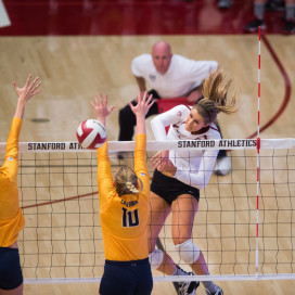 Senior outside hitter Brittany Howard (right) reached a career-high 22 kills in Stanford's victory over UCLA, ending the team's regular season on a five-game win streak. (RAHIM ULLAH/The Stanford Daily)
