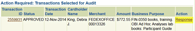 Screen shot of the 'Action Required: Transaction Selected for Audit' table in PCard Module, with Response link highlighted