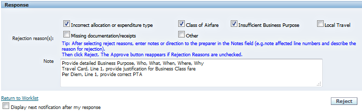 Screen shot of the Response window, with Rejection reaon(s) checkboxes and Notes