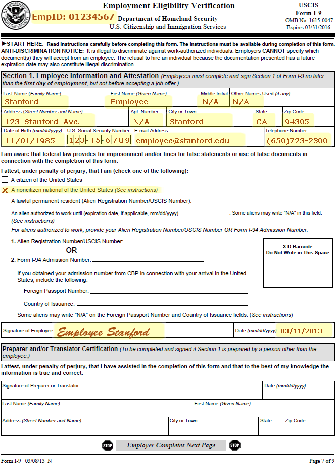 Example of Completed Form I-9 for Passport from FSM or RMI and Form I-94 (List A), page 7