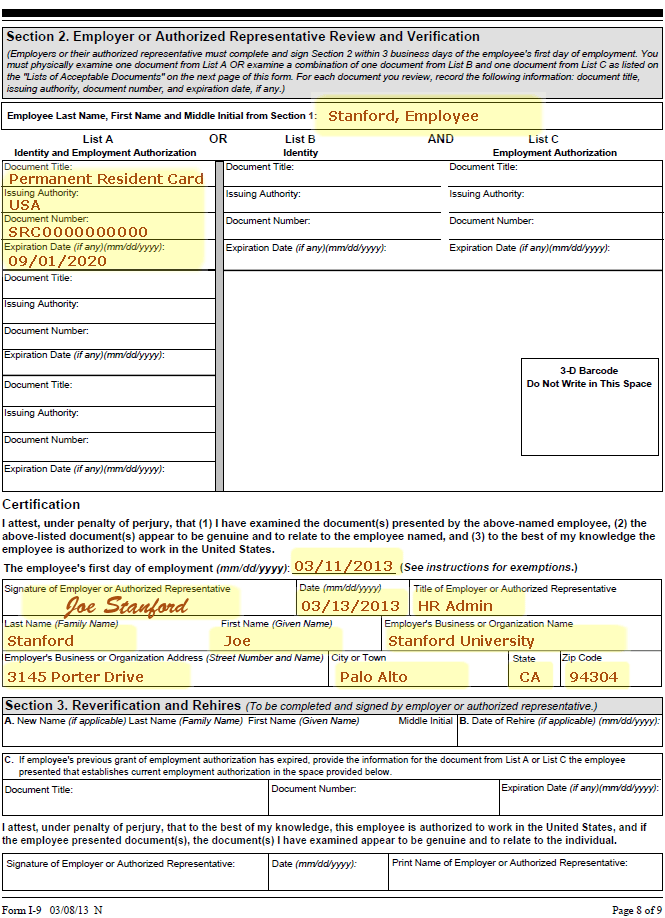 Example of Completed Form I-9 for U.S. Permanent Resident Card (List A), page 8