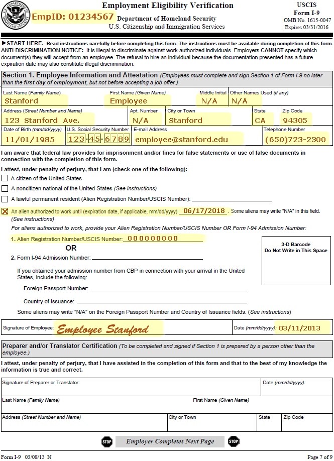 Example of Completed Form I-9 for Employment Authorization Card (EAD Card), page 7