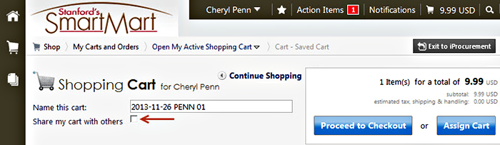 screen shot: share my cart with others checkbox