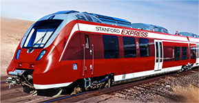 photo of a bullet trin in cardinal red and white, labeled Stanford Express