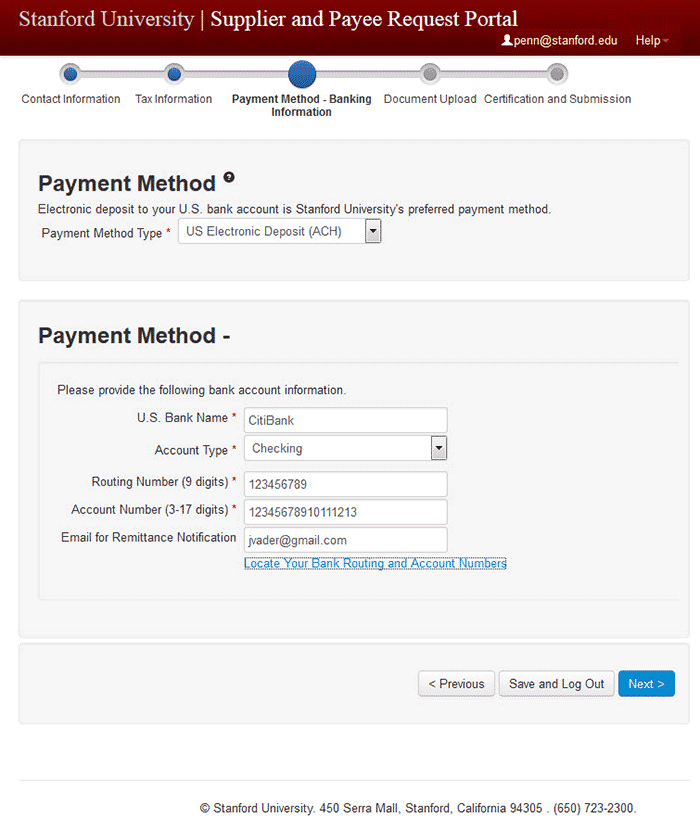 screen shot - payment method (ACH) screen with example entries
