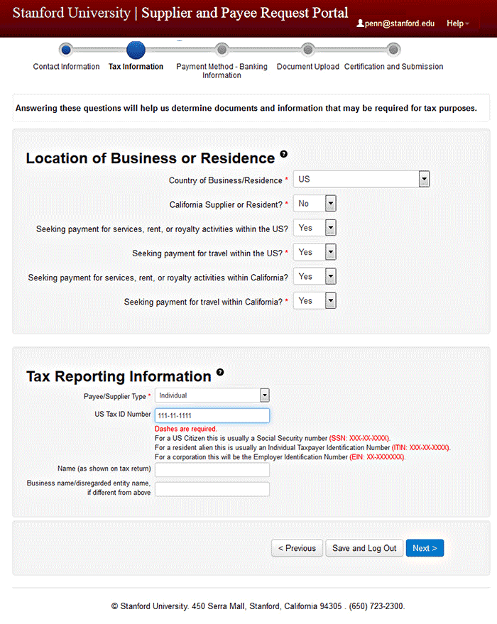 screen shot - tax information screen with example entries