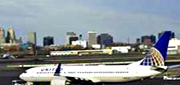 Image of Newark airport with city landscape at far background and blue sky